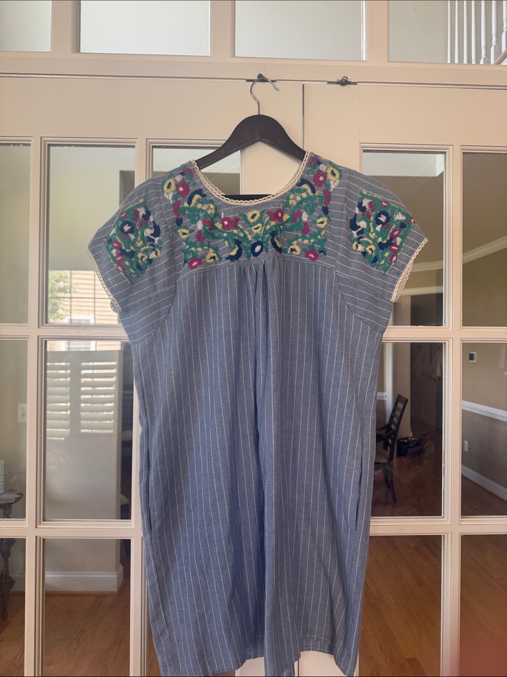 entro Blue Pinstripe Embroidered Yoke Dress with Multicolor Floral Accents